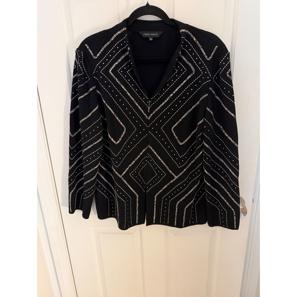 Ming Wang Black Geometric Studded Zip Front Knit Jacket Size L Silver Accents